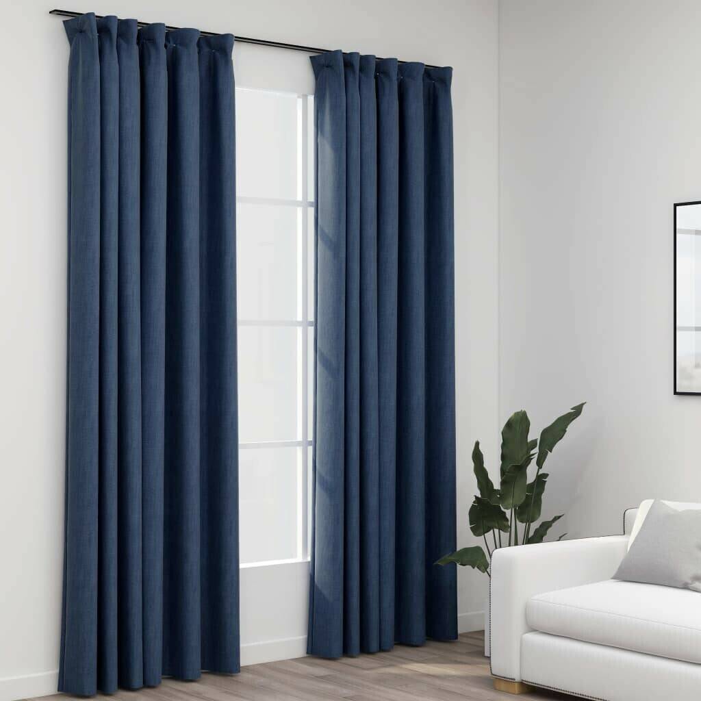 vidaXL Blackout curtains hooks linen look 2 pieces blue 140x245cm (321182)